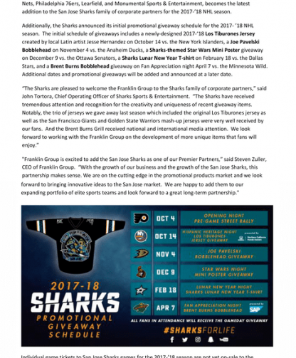 San Jose Sharks Welcome Franklin Group As Team’s Newest Corporate Partner