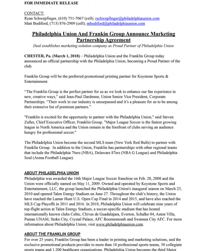 Philadelphia Union And Franklin Group Announce Marketing Partnership Agreement