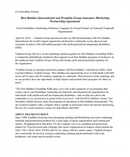 Best Buddies International and Franklin Group Announce Marketing Partnership Agreement