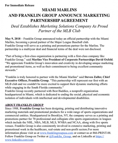 Miami Marlins And Franklin Group Announce Marketing Partnership Agreement